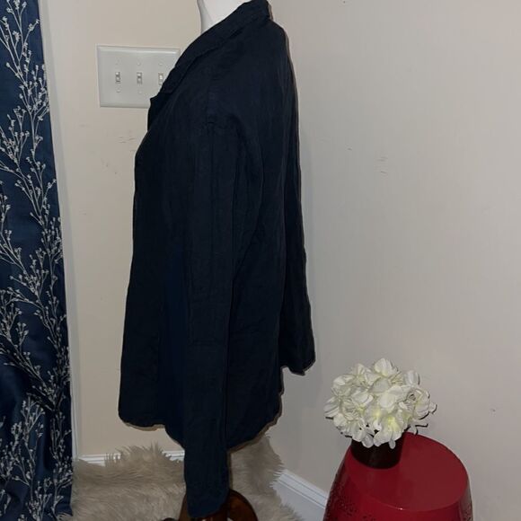 Flax Navy Linen 3 Button Blazer Jacket Lagenlook sz M Medium Pockets - Picture 2 of 8